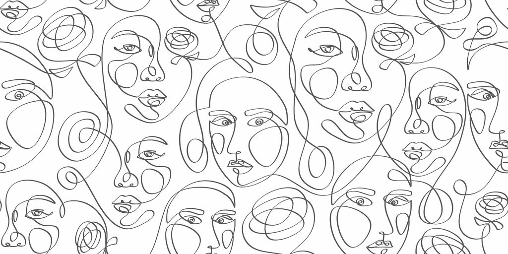 Gezichten tussen getekende rozen — volledig ontwerp