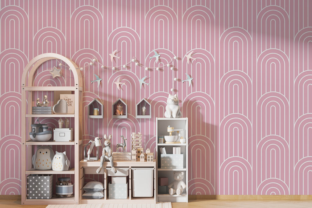 Een roze en wit patroon in een interieur