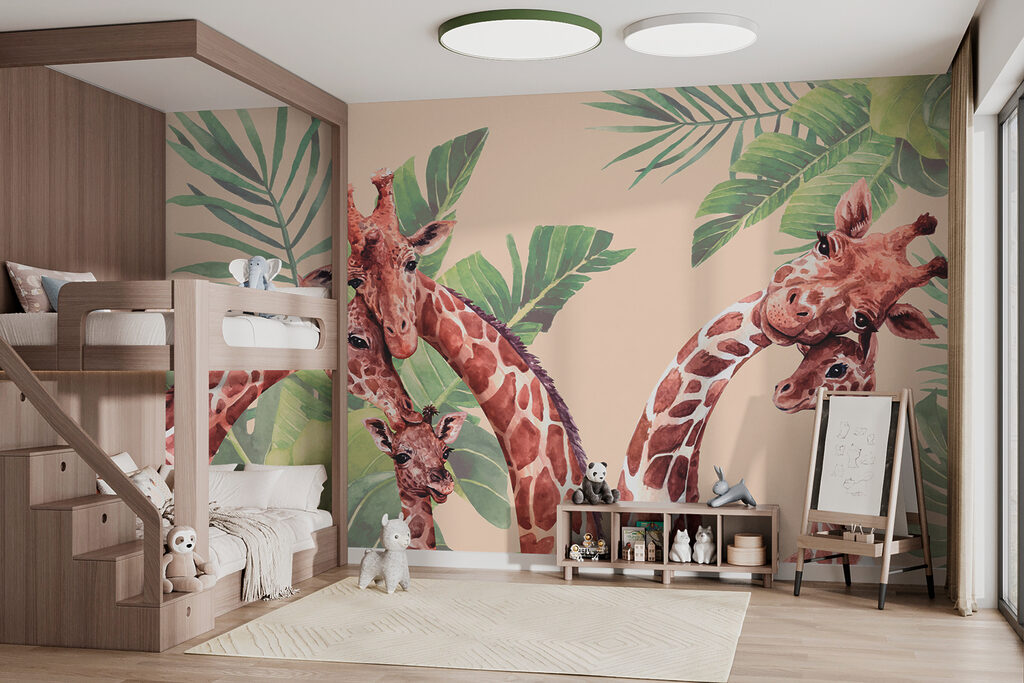 Giraffen kijken tussen bladgroen — interieur 1