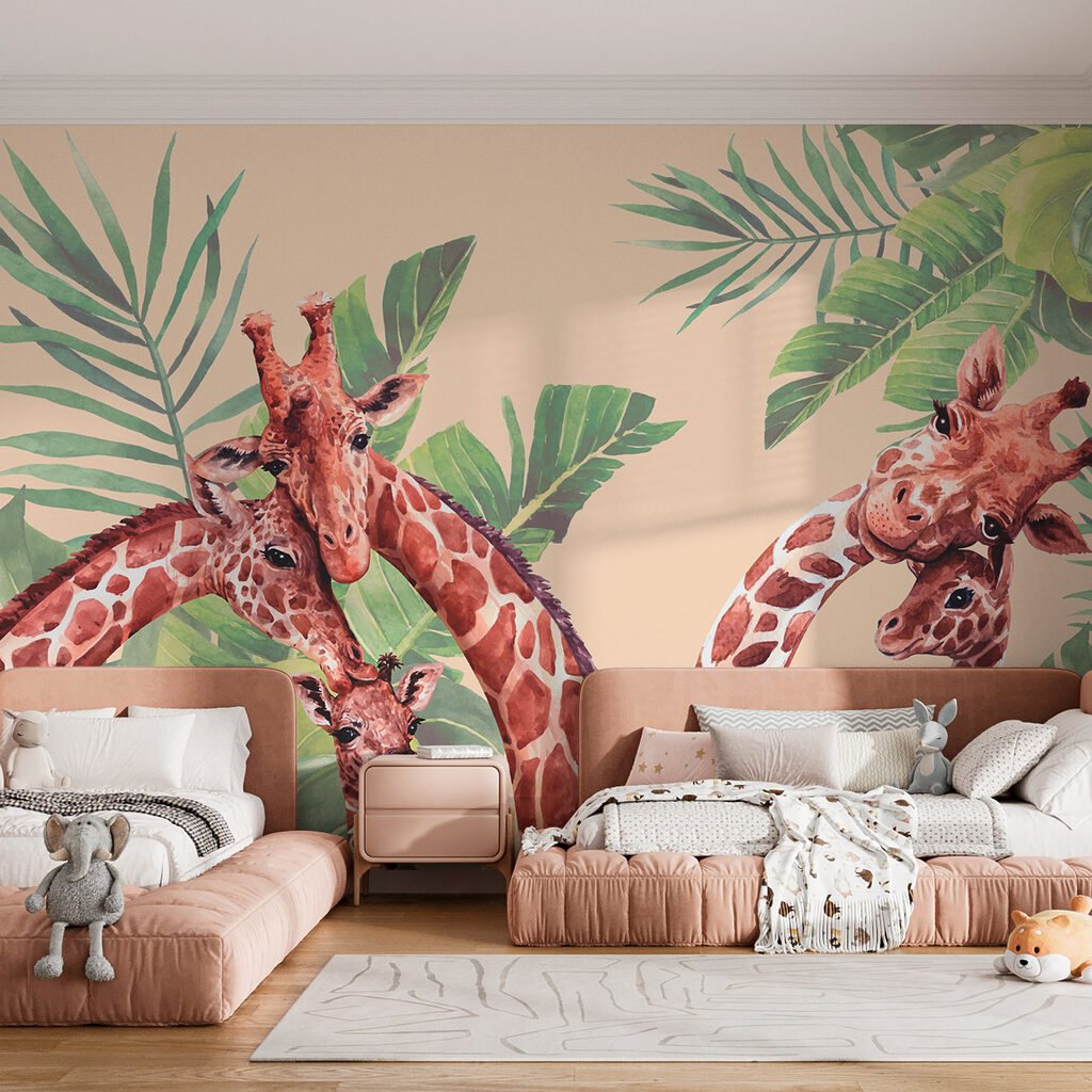 Giraffen kijken tussen bladgroen — interieur 2