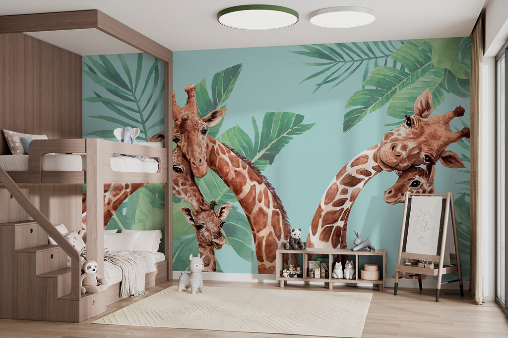 Giraffen kijken tussen bladgroen — interieur 1