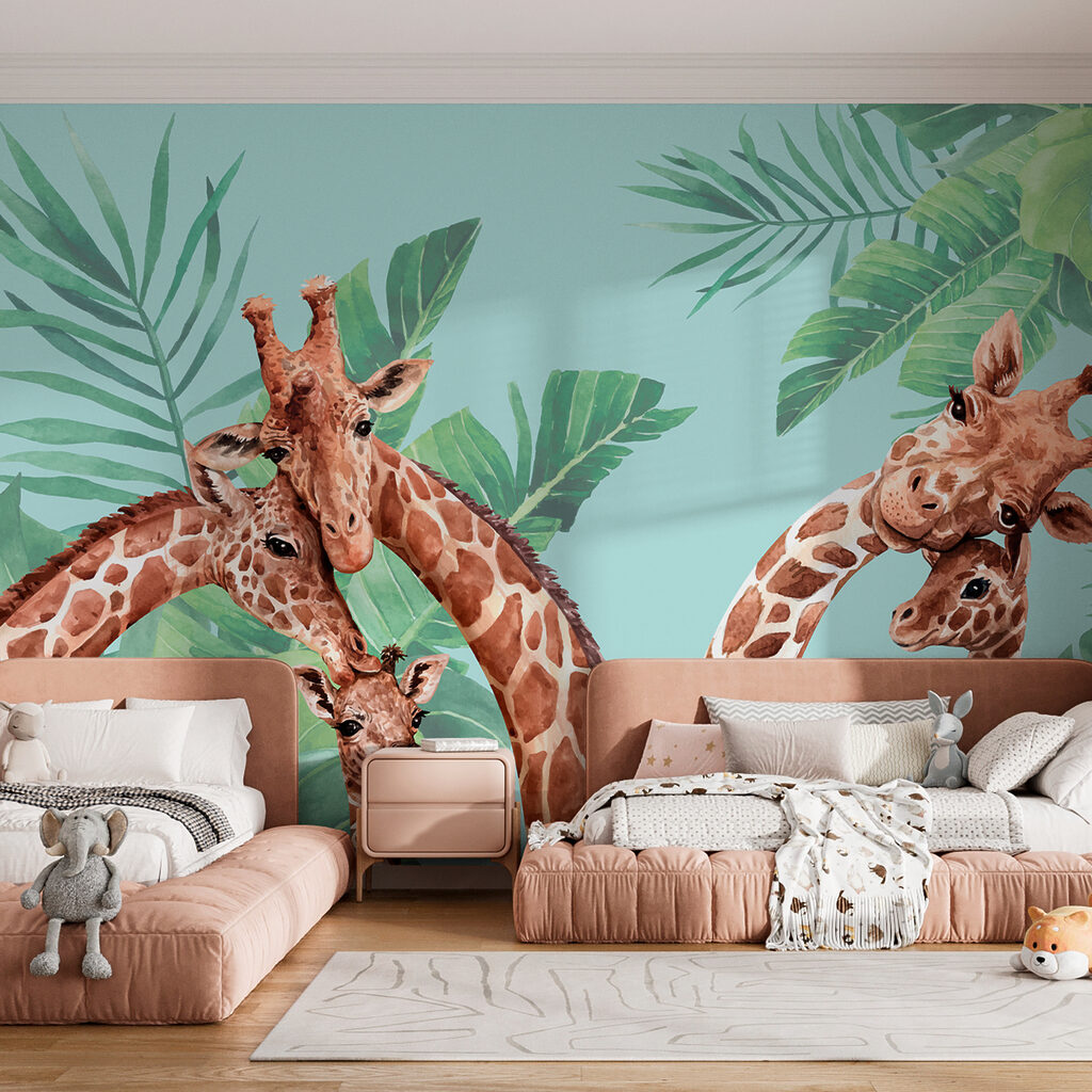 Giraffen kijken tussen bladgroen — interieur 2