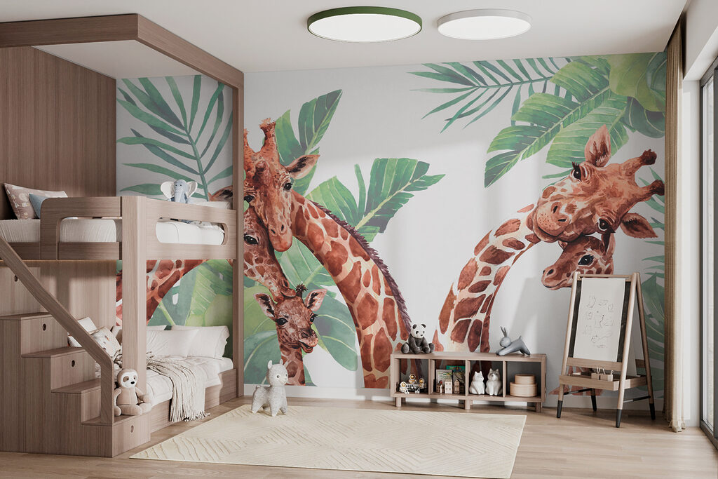 Een groep giraffen met hun hoofd voor bladeren in een interieur