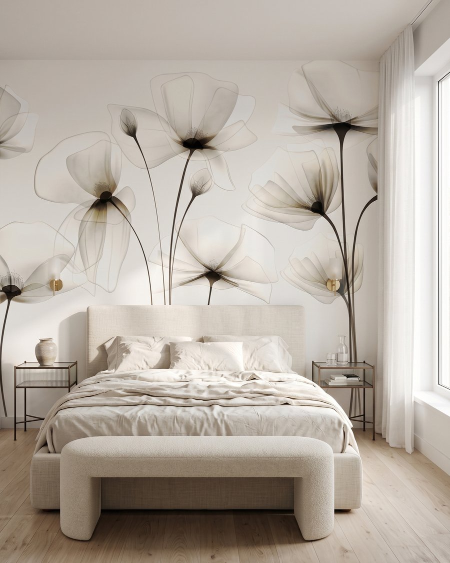 Bloemen met doorschijnende blaadjes in een interieur