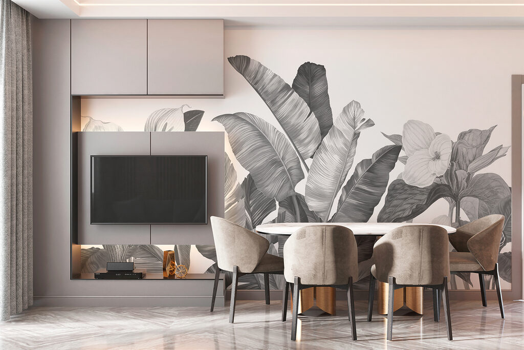 Grijze tropenbladeren bovenaan — interieur 2