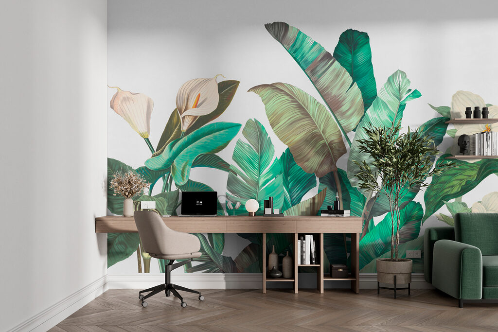 Een groep tropische planten in een interieur