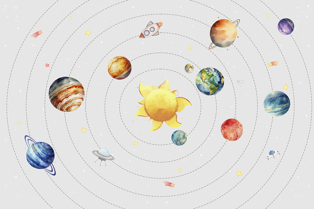 Een zonnestelsel met planeten en sterren — volledig ontwerp