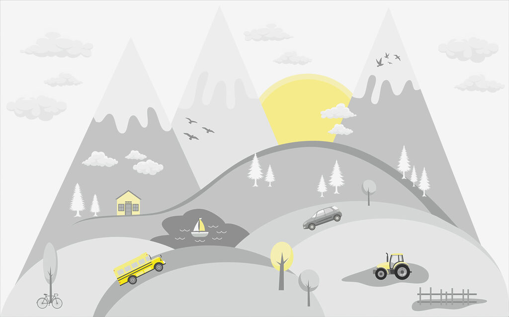 Autowegen door grijsgroene bergen — volledig ontwerp