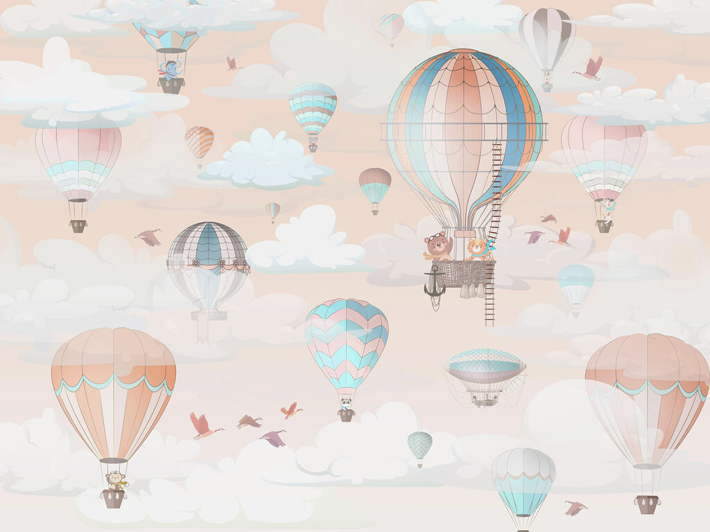 Pastelballonnen tussen witte wolken — volledig ontwerp