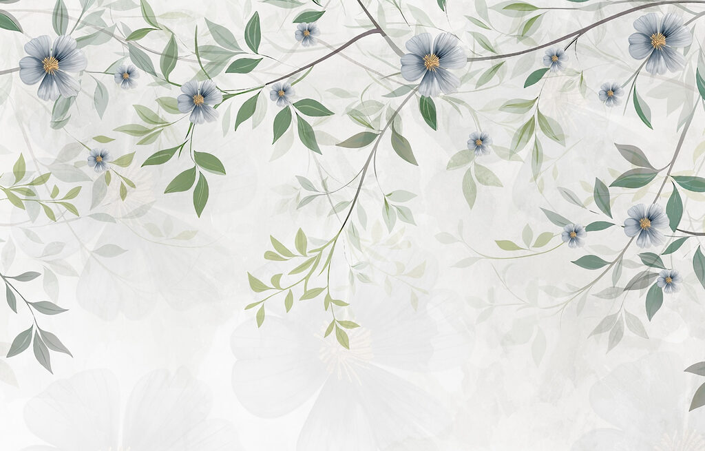 Blauwe bloemen aan takjes — volledig ontwerp