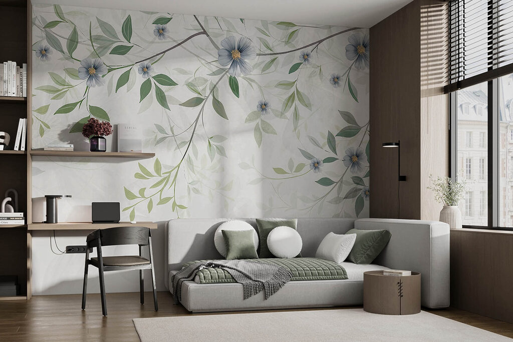 Blauwe bloemen aan takjes — interieur 1
