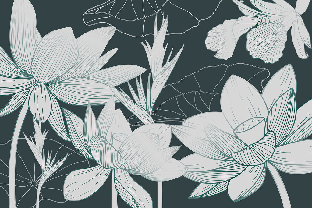 Witte bloemen op petrol — volledig ontwerp