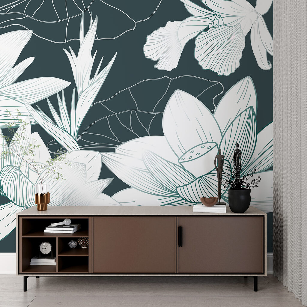 Witte bloemen op petrol — interieur 2