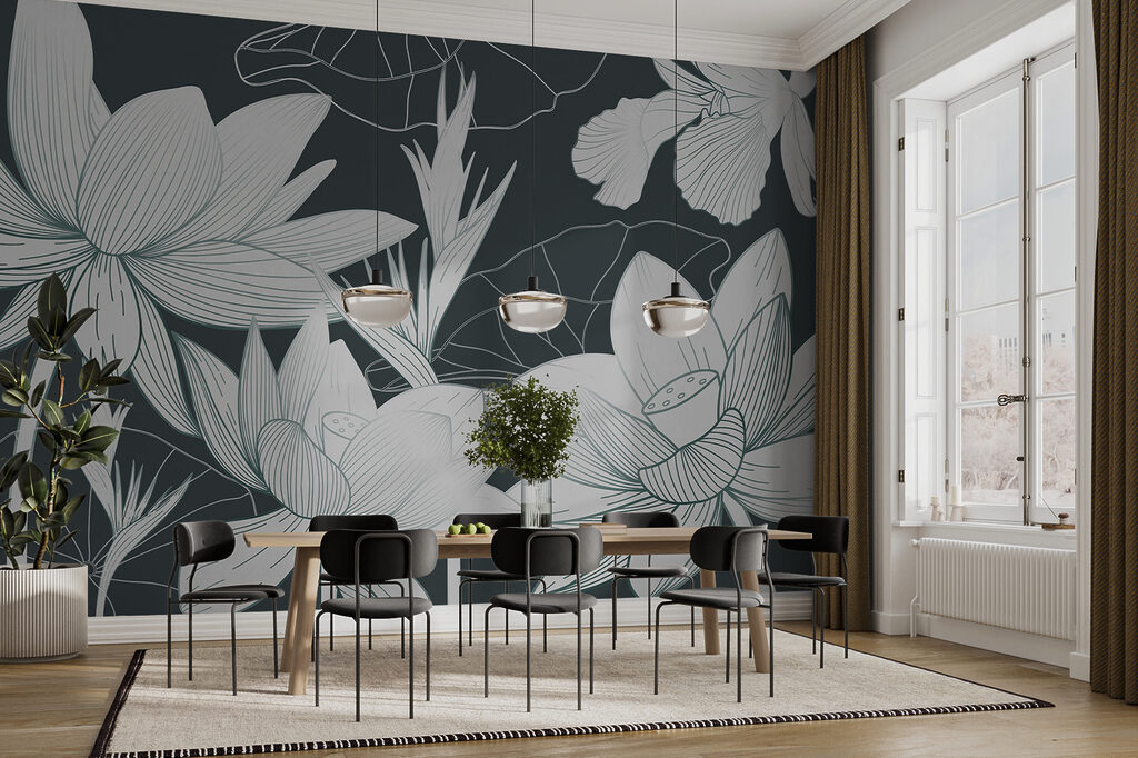 Witte bloemen op petrol — interieur 1