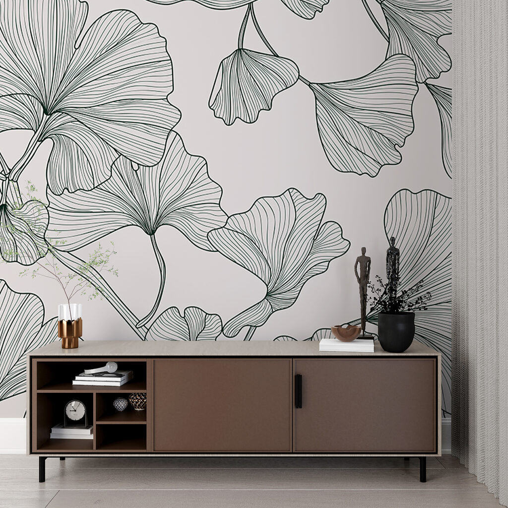 Elegant ginkgobladpatroon in zwart-wit in een interieur