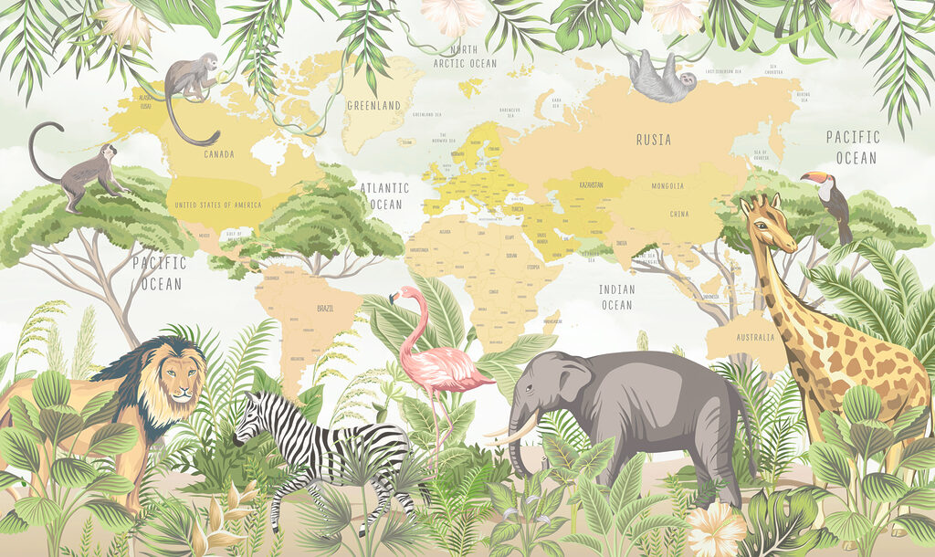 Een wereldkaart met dieren — volledig ontwerp