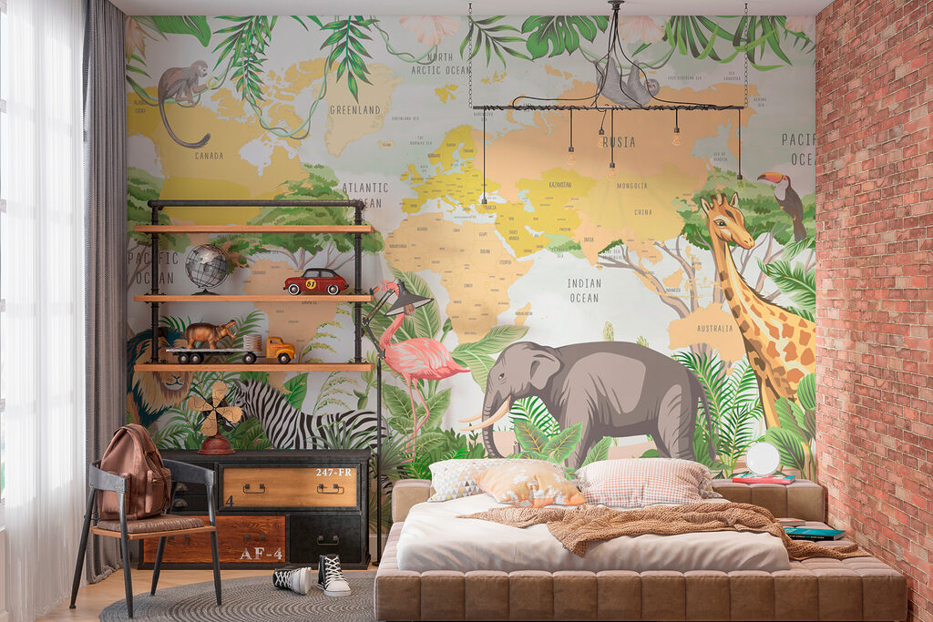 Een wereldkaart met dieren in een interieur