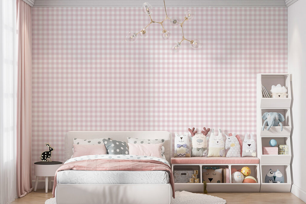 Een roze en wit geruit patroon in een interieur