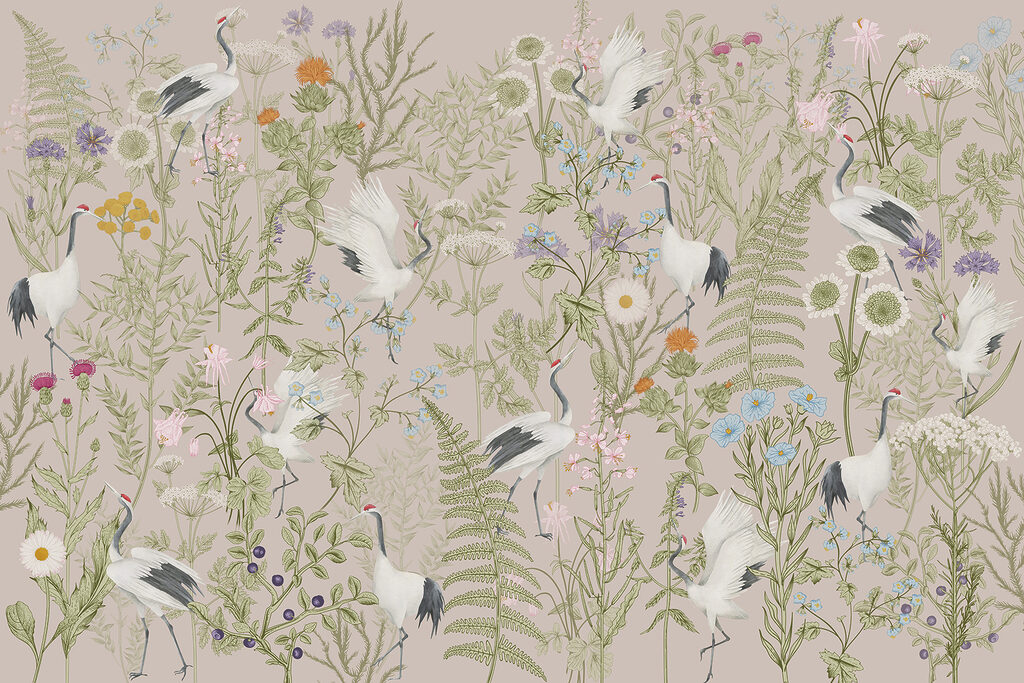 Reigers tussen fijne veldbloemen — volledig ontwerp