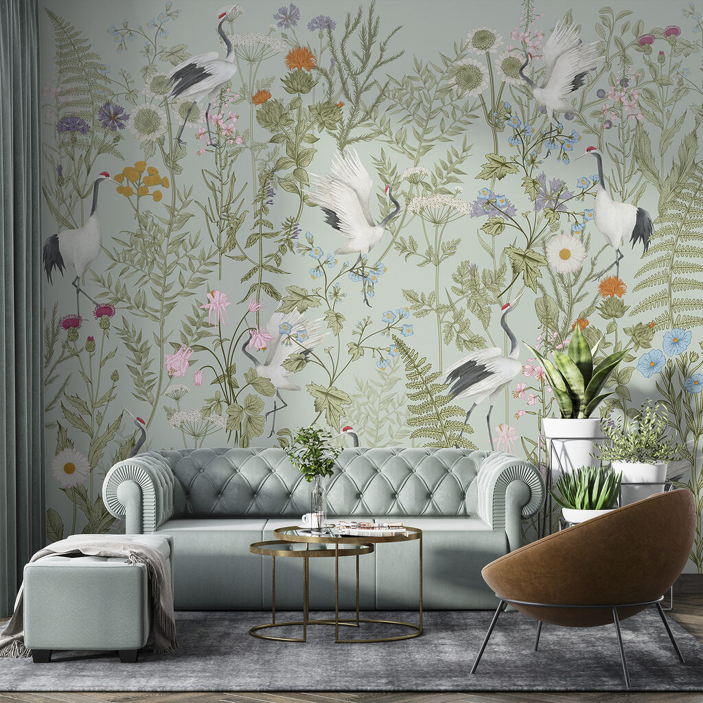 Witte vogels tussen veldbloemen — interieur 1