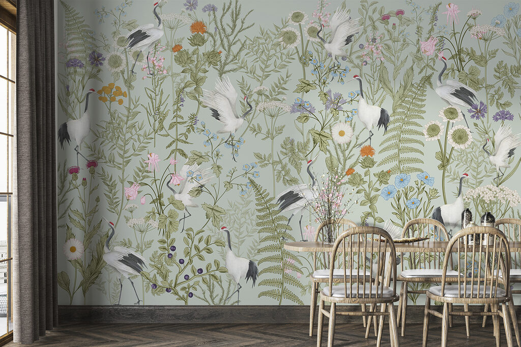 Witte vogels tussen veldbloemen — interieur 2