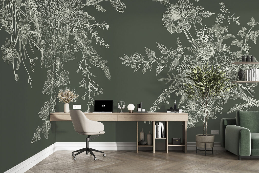 Fijne bloemtakjes op bosgroen — interieur 3