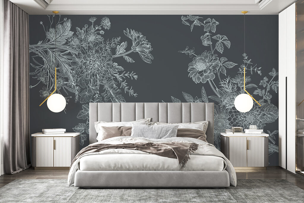 Elegant bloemmotief op een donkere achtergrond in een interieur