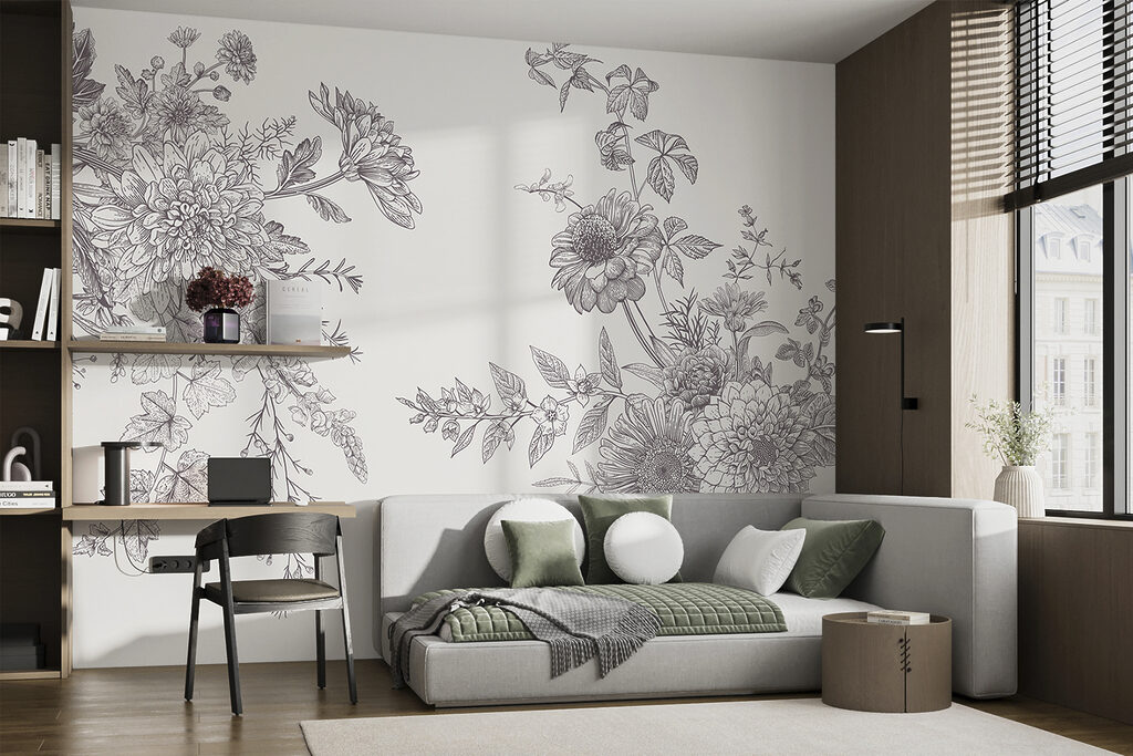 Bloementakken als fijne gravures — interieur 1