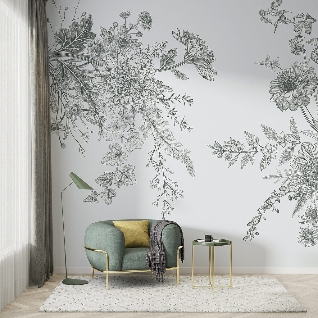 Bloementakken als fijne gravures — interieur 1