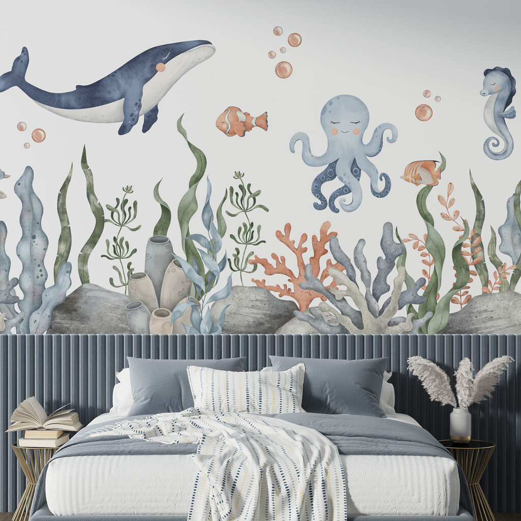 Een walvis en octopus onder water in een interieur