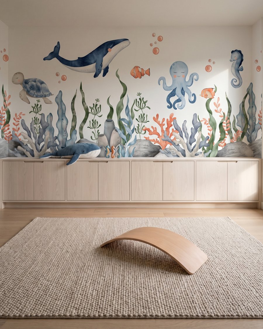 Walvis boven een rif in een interieur
