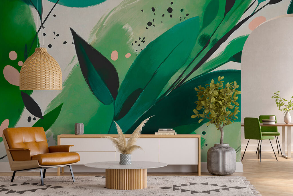 Een schilderij van bladeren en takken in een interieur