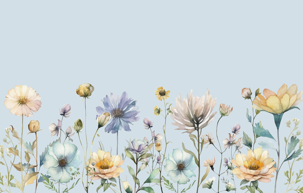 Veldbloemen onder blauwe lucht — volledig ontwerp