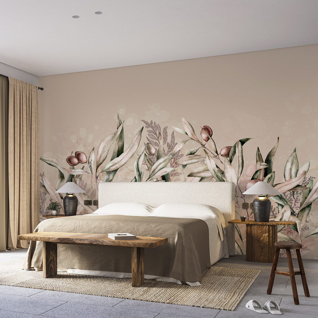 Een schilderij van bladeren en vruchten in een interieur