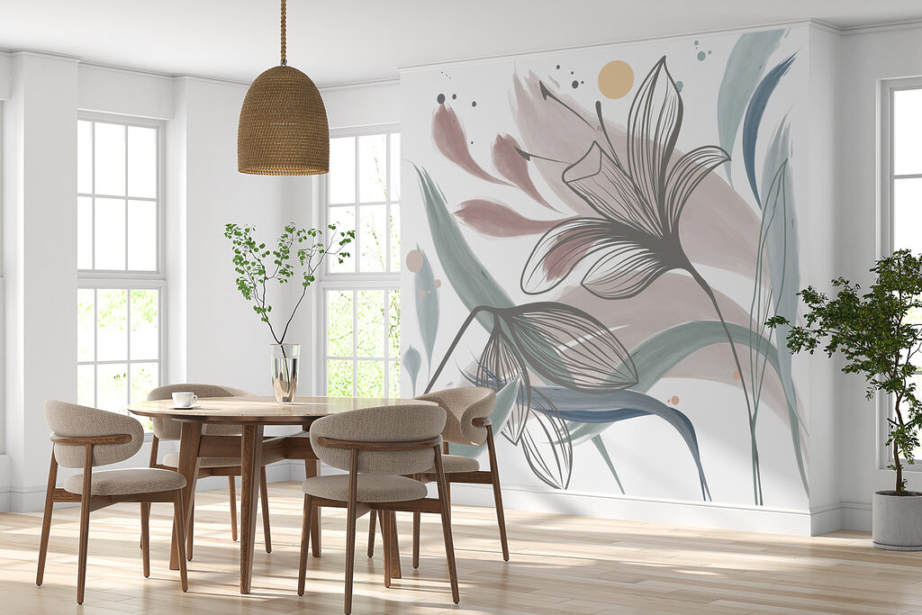 Een tekening van bloemen en bladeren in een interieur