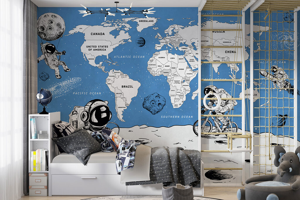 Een tekening van twee astronauten op de maan in een interieur