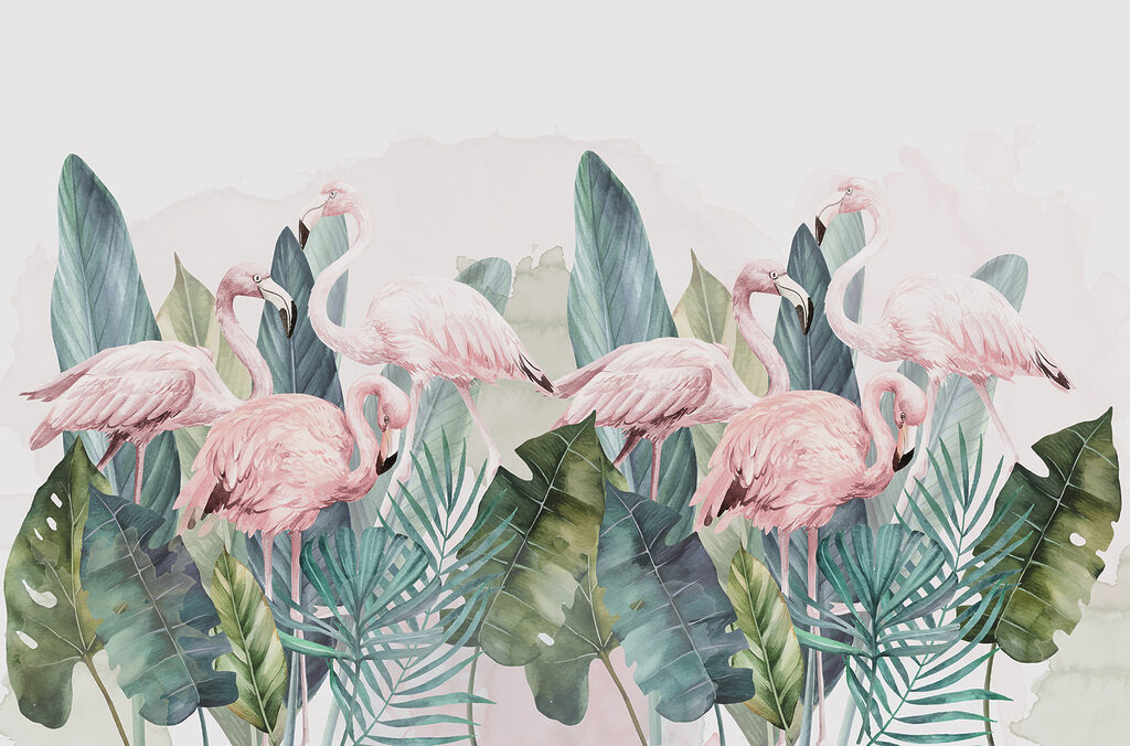 Flamingo's tussen turkooizen bladeren — volledig ontwerp