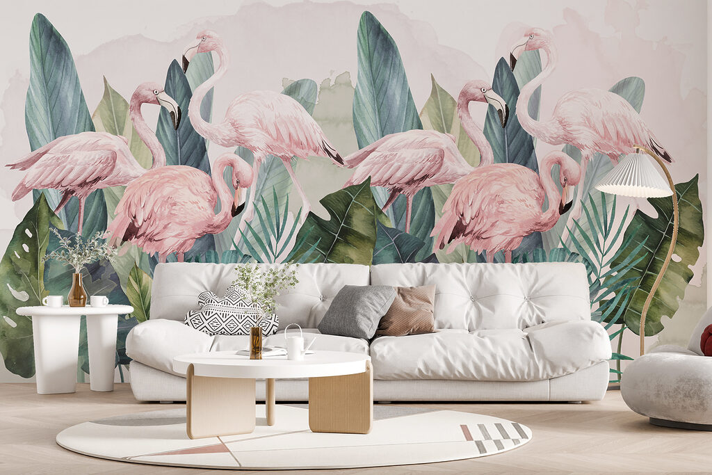 Flamingo's tussen turkooizen bladeren — interieur 3