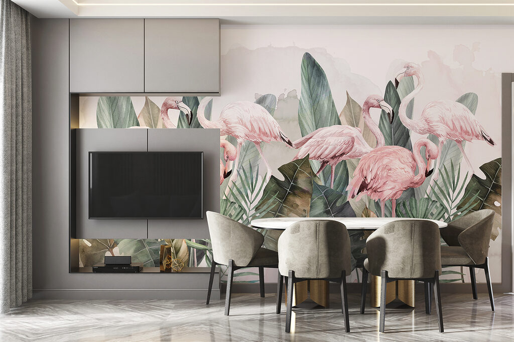 Een groep roze flamingo's en bladeren in een interieur
