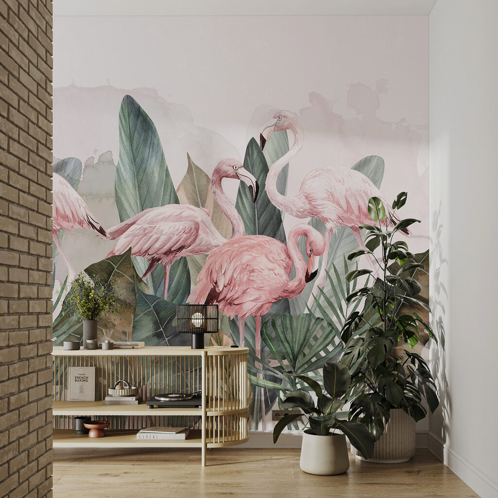 Een groep roze flamingo's en bladeren — interieur 2