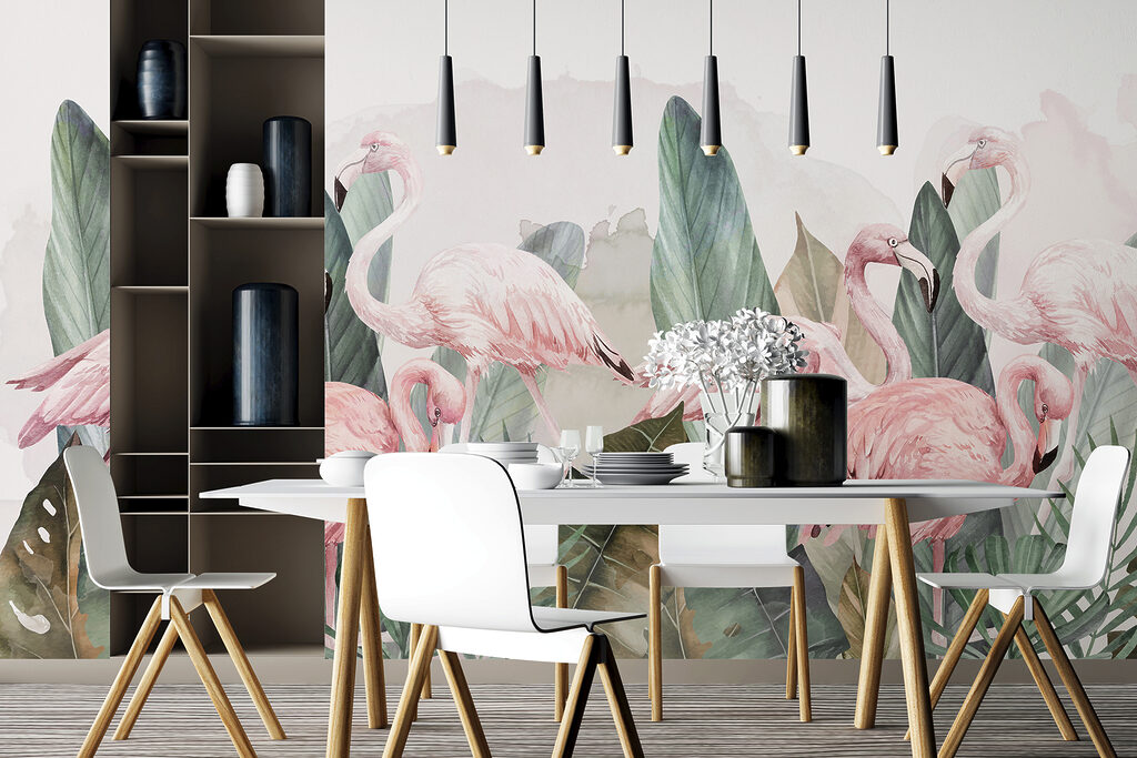 Een groep roze flamingo's en bladeren — interieur 3