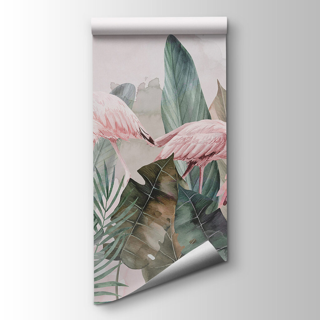 Een groep roze flamingo's en bladeren — productweergave