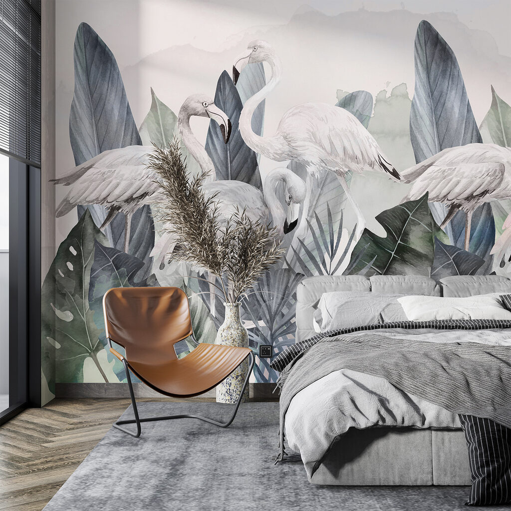 Een groep flamingo's en bladeren — interieur 2