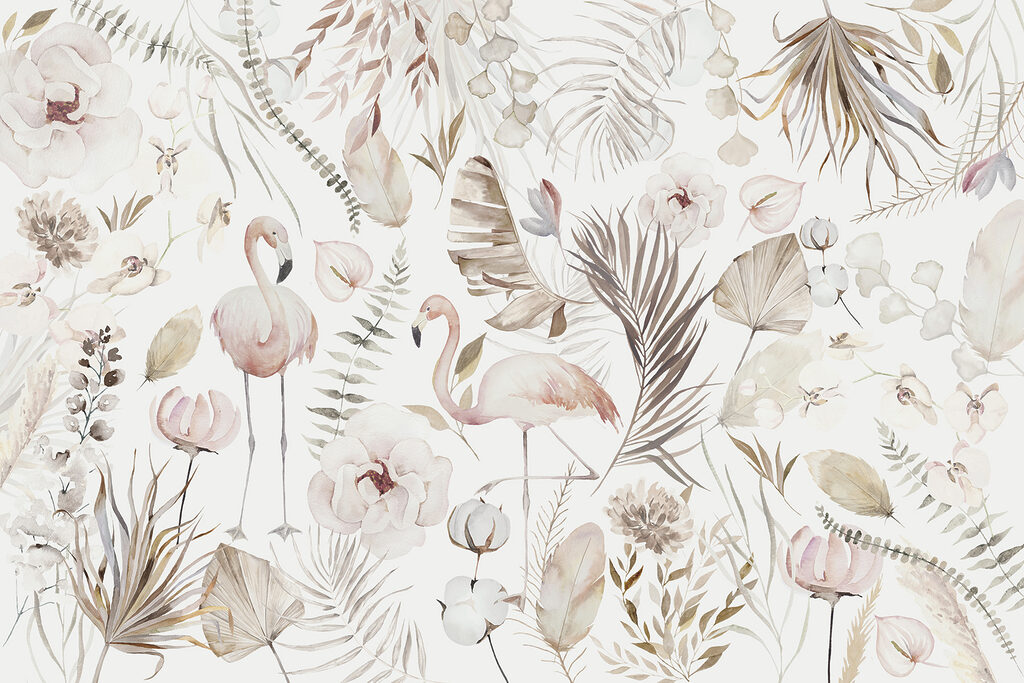 Flamingo’s tussen bleke bloemen — volledig ontwerp