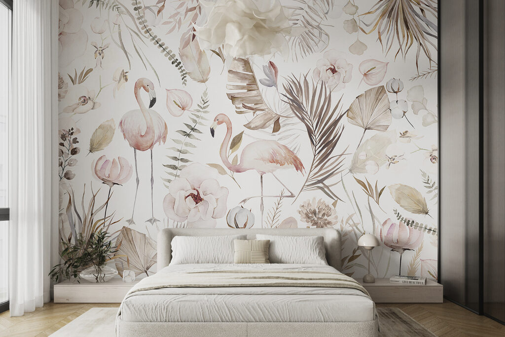 Flamingo’s tussen bleke bloemen — interieur 1