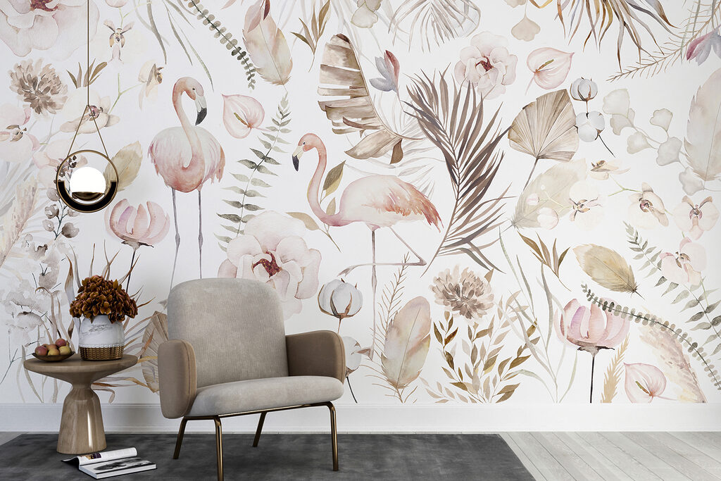 Flamingo’s tussen bleke bloemen — interieur 2