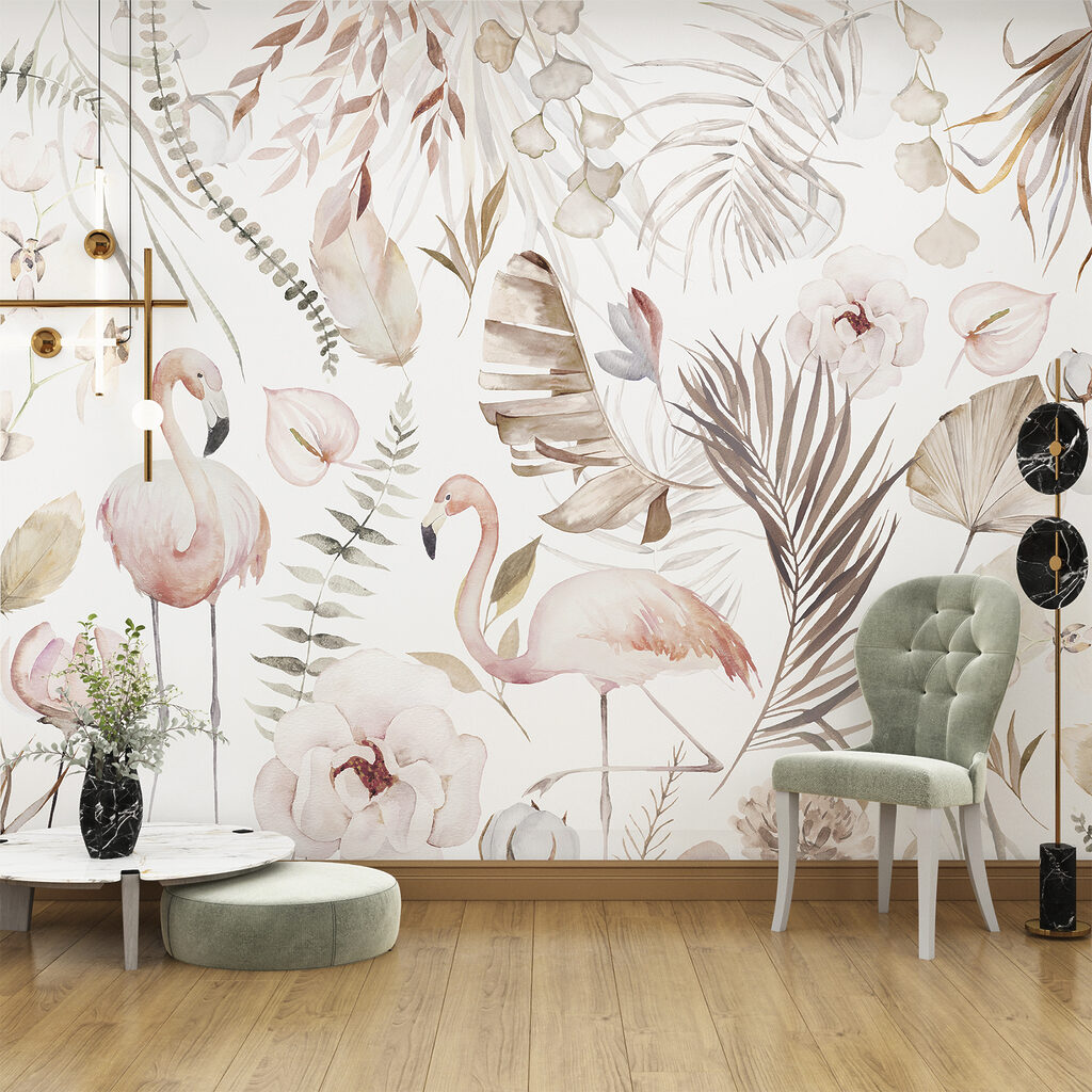 Flamingo’s tussen bleke bloemen — interieur 3