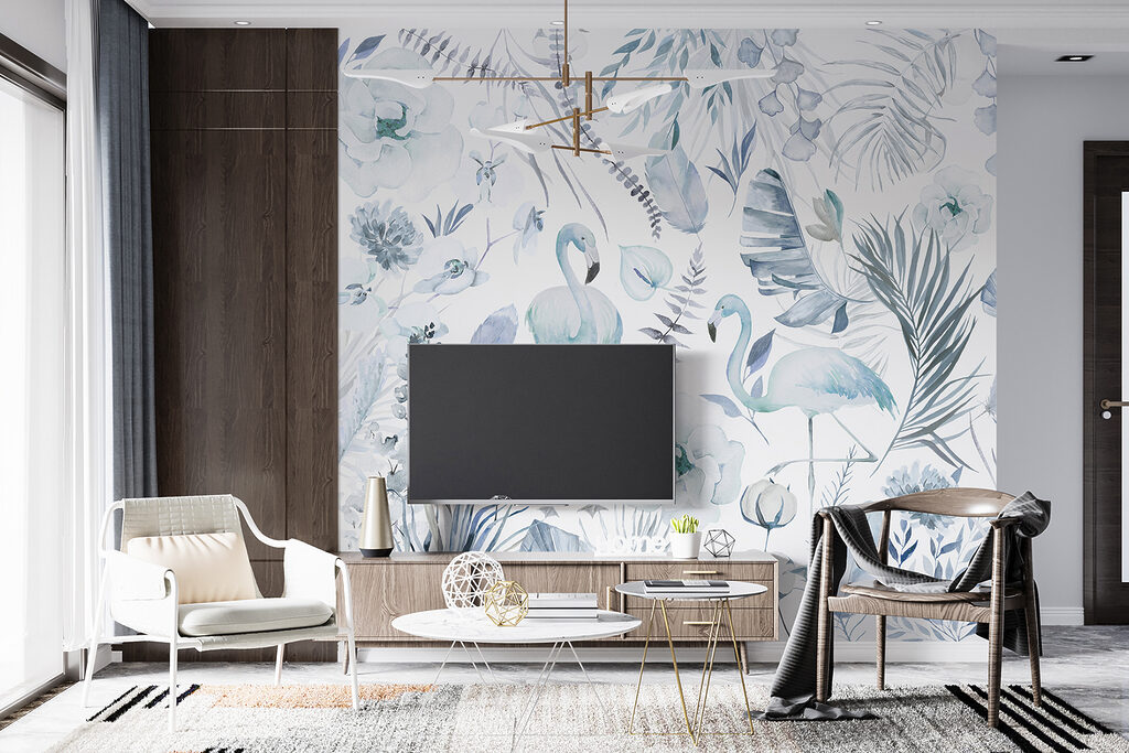 Een patroon van flamingo's en bloemen in een interieur