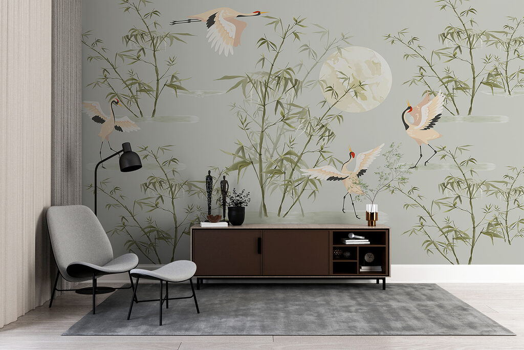 Elegante kraanvogels, omringd door bamboe in een interieur