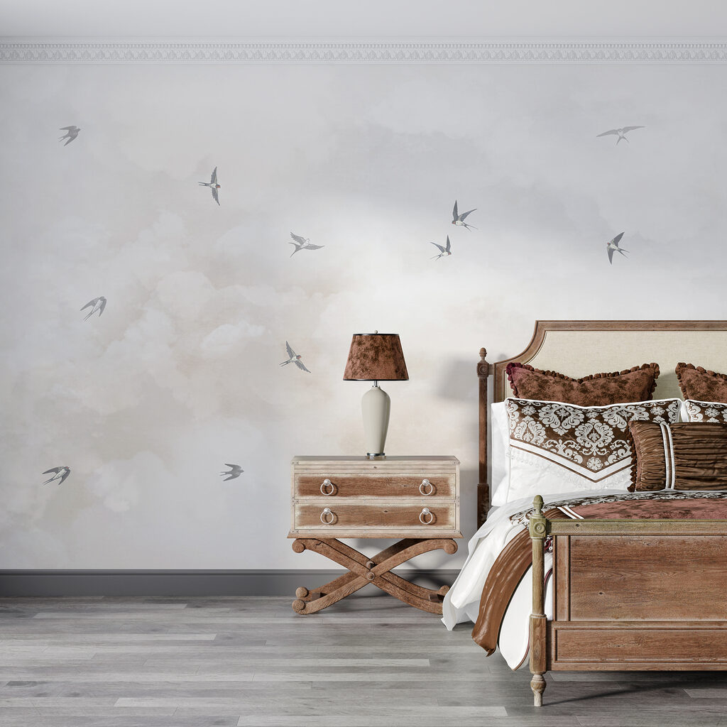Vliegende vogels in de lucht in een interieur